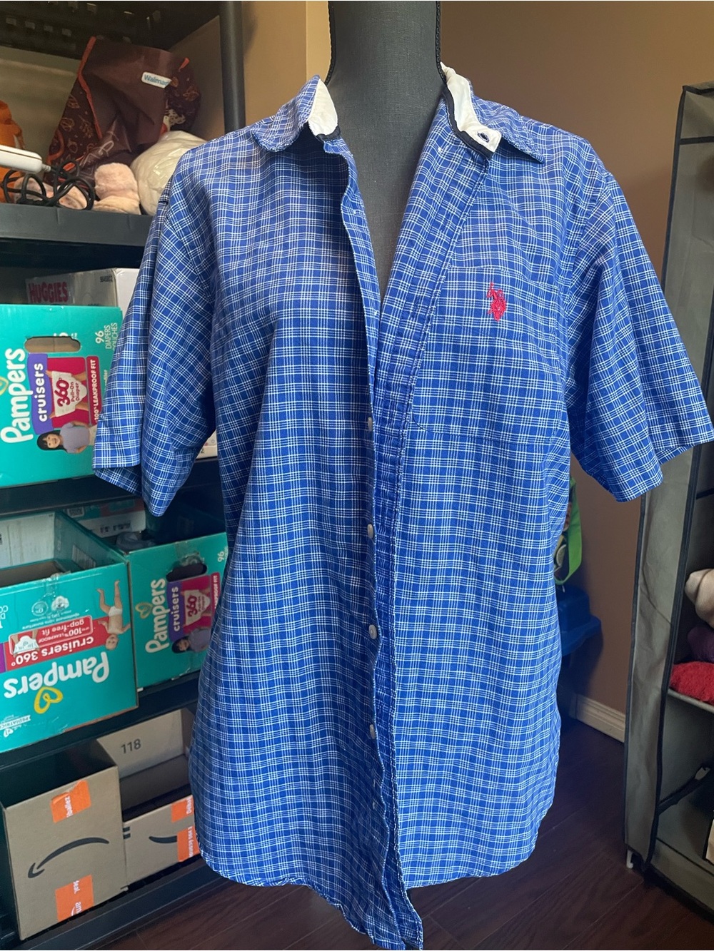 U.S. Polo Assn. Blue Plaid Short-Sleeve Button-Down with White Contrast Collar